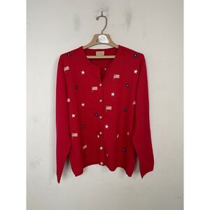 Teddi Red Americana Embroidered Flag Star Cardigan Sweater Womens XL 52841